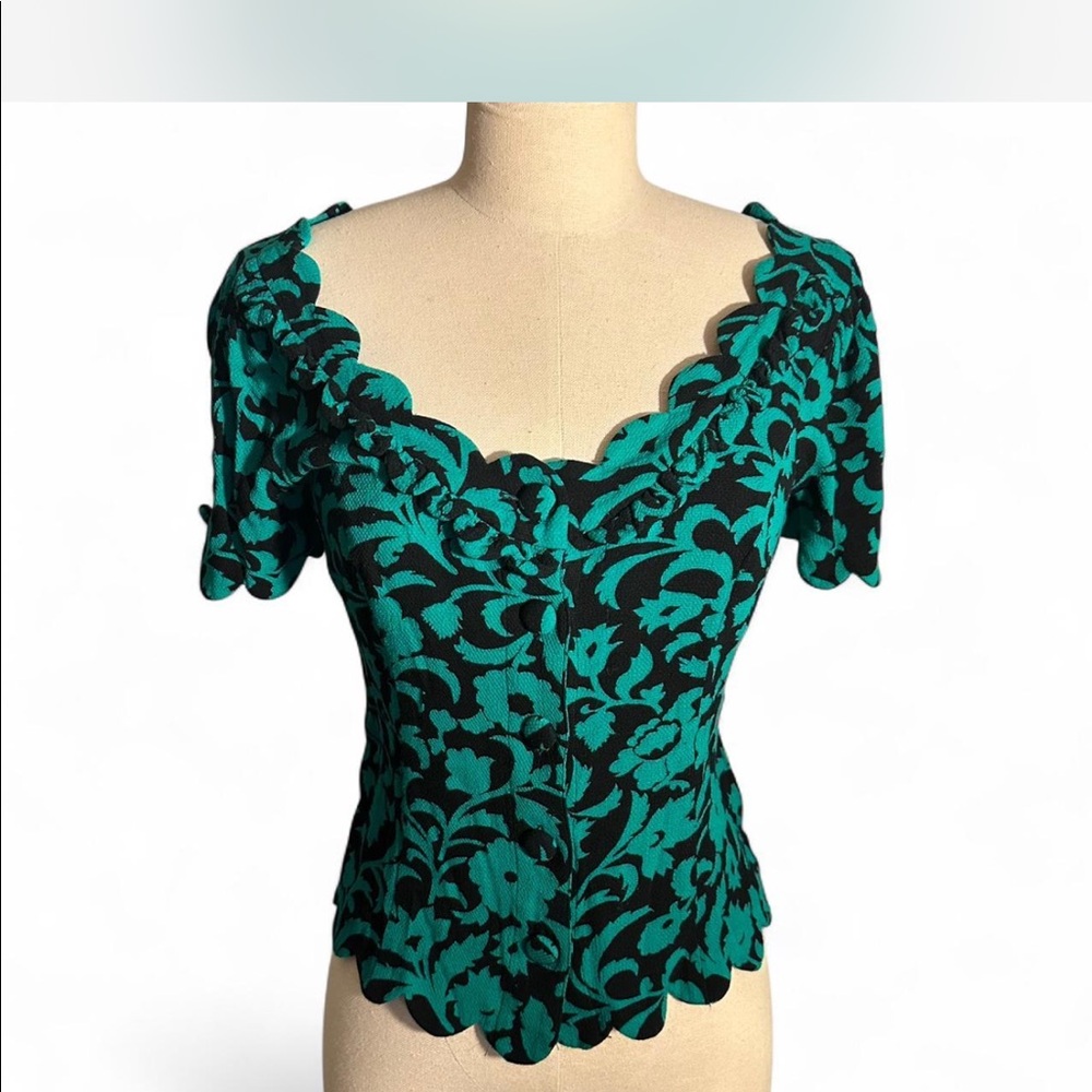 Maeve by Anthropology black and green floral top